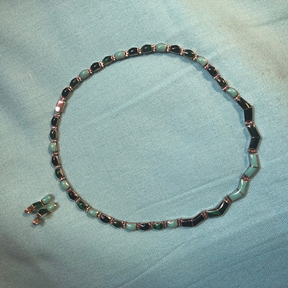 Handcrafted Turquoise-Malachite Silver Inlay Set